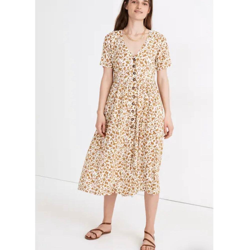 Madewell Button-Front Lightweight Flowy Loose V-Neck Midi Dress Batik Vine Small